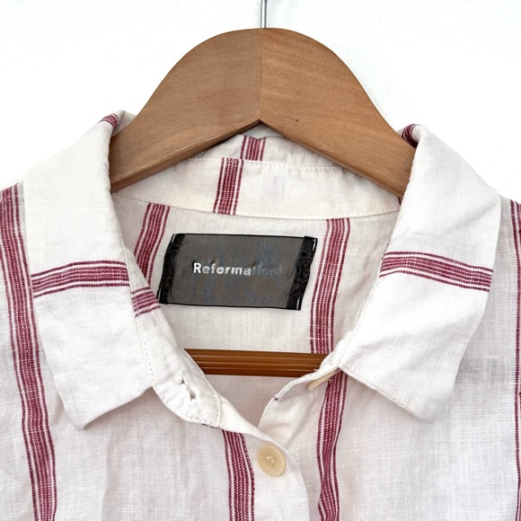 Reformation Relaxed Linen White and Red Striped Button Down Shirt Sz L - Picture 9 of 16